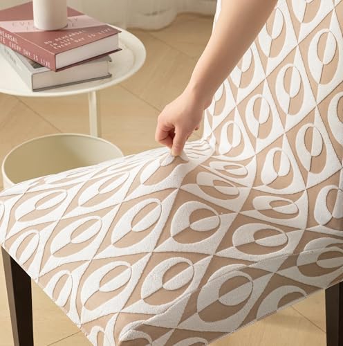 Image of HOMETHREADS Stretchable Elastic Jacquard Chair Seat Cover - Removable & Washable, Durable Seat Protector for Dining Room, Kitchen, Restaurant & Party Chairs (Beige, Pack of 2)