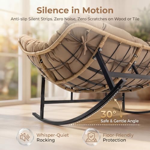 Image of NICESOUL Double Large Papasan Chair Outdoor, Oversized 2 Person Egg Rocking Chair with Cushions, 700 lbs Heavy-Duty Wicker Loveseat Recliner Glider for Outdoor & Indoor Patio, Balcony & Garden, Brown