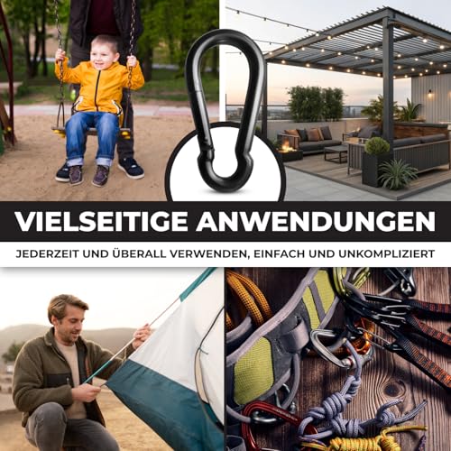 PinPro A4 Edelstahl Karabiner schwarz | 80x8mm - 2 Stück | 640 kg Bruchlast | Rostfreier NIRO AISI 316 Feuerwehrkarabiner mit Blattfeder (2 St., 80x8 mm)