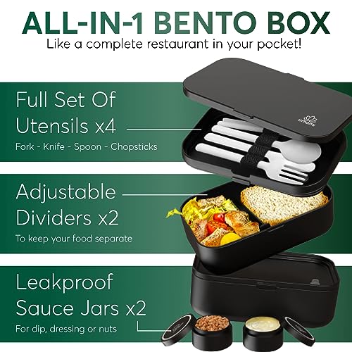Umami Bento Box Adult All-In-1 w/4 Utensils, 2 Sauce Jars 2 Dividers,100% Leakproof, Microwave & Dishwasher Safe Stackable Bento Lunch Box Containers for Men/Women, Black, 68 oz