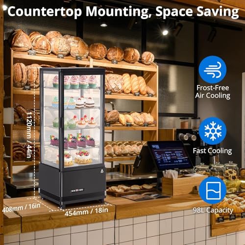 Image of Countertop Display Refrigerator 3.4 Cu.ft, 4-Tier LED Pastry Cooler, Sliding Door, Adjustable Shelves, Commercial Fridge for Bakery Cafe Restaurant, Frost-Free, Black