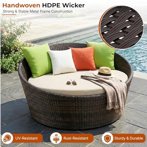Image of DEVOKO Outdoor Pool Side, Garden, Balcony, Porch, Backyard, Terrace, Patio, Beach Round Sofa Wicker and Rattan Daybed Furniture Set (Darkbrown and Cream)