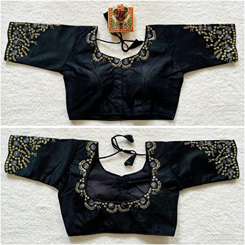 Image of Pujia Mills Women's Silk Embroidery Sequence Work Half Sleeve Readymade Blouse
