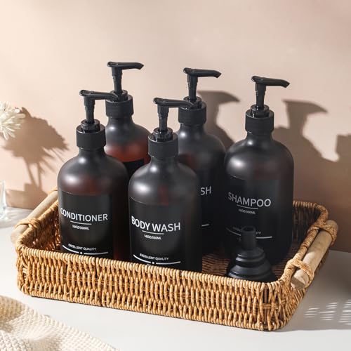 Shampoo Bottles Refillable with Pump (5Pack Matte Amber) Plastic 16.9oz Amber Reusable Shampoo and Conditioner Bottles,Bathroom Bottles with Pump and Labels4