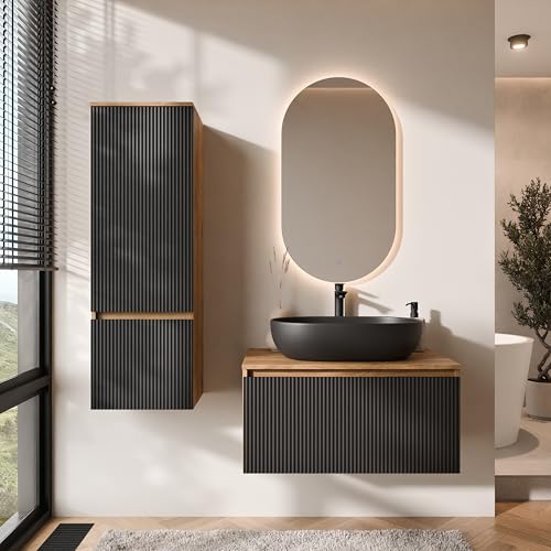 Planetmöbel Arisa - Set di mobili da bagno con mobiletto da 80 cm, colore oro rovere nero (scanalato) con specchio a LED e mobile alto, lavabo da 60 cm, colore: Nero