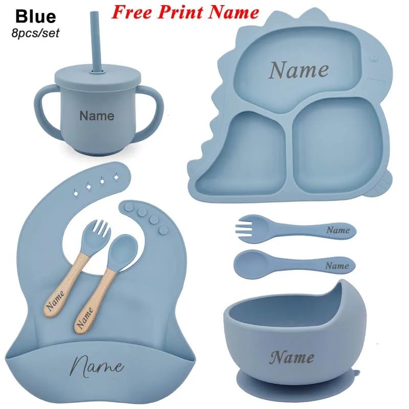Personalized Baby Name Dinosaur Feeding Set 8Pcs, Custom Name Baby Silicone Weaning Set, Feeding Set With Name BPA Free