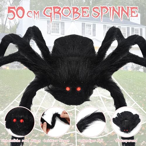 Halloween Spinnennetz Deko, 350g Dehnbare Spinnennetze + Eine große Spinne + 60 Stück Mini Spinnen, Perfekt für Innen/Außen, Garten, Tür Fenster Kamin Häuser &Halloween Deko Party
