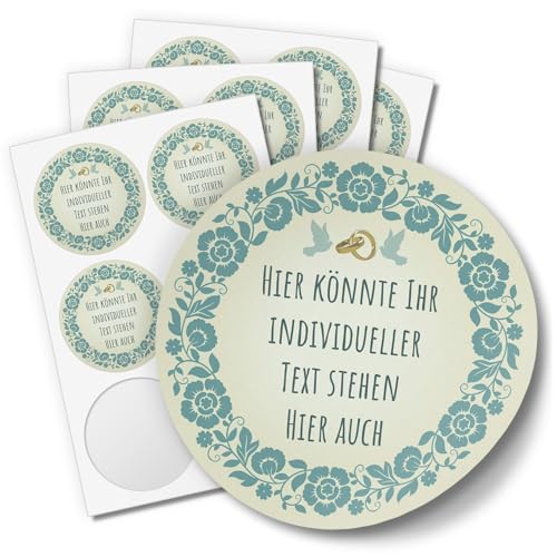 24 schöne INDIVIDUELLE runde Etiketten SELBER GESTALTEN: Vintage türkis Blumenkranz Tauben Eheringe - Personalisierte Aufkleber für Hochzeit, Muttertag, Valentinstag, Produkte, Hochzeitstag