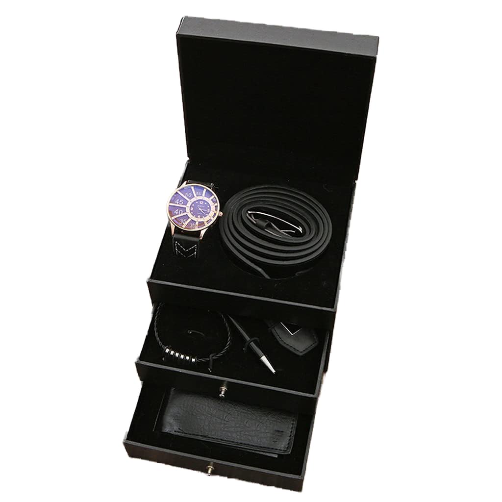 sztuk/zestaw Męski zestaw upominkowy Fashion Business Gift Box 3-warstwowy zegarek Skórzany pasek Bransoletka Portfel Brelok Długopis na prezenty dla mężczyzn (kolor: czarny) (czarny)