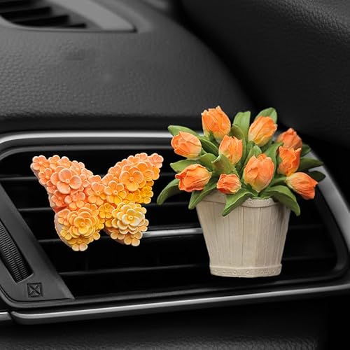 ミニカーエアベントクリップ、アロマストーンディフューザー、エアコン装飾クリップ、車用芳香剤、フレグランスディフューザーエアアウトレットクリップ、芳香器車内美的アクセサリー【精油10ml】ピンクオレンジオレンジがかった黄色の鉢植えのチューリップ + 蝶