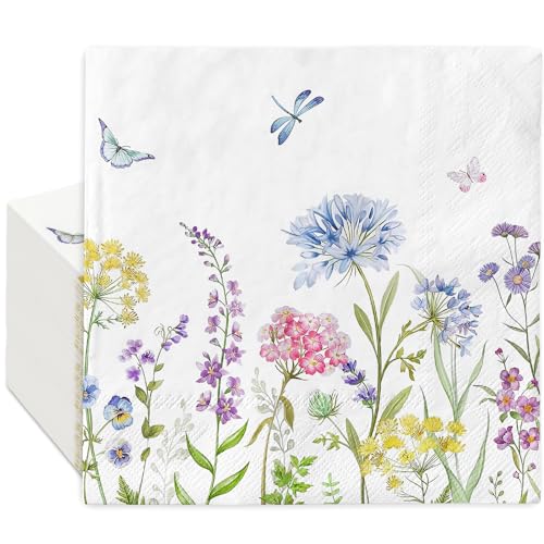JarThenaAMCS 50Pcs Floral Paper Napkins Watercolor Pastel Flower Butterfly Luncheon Napkin Spring Dessert Dinner Hand Napkin for Wedding Baby Bridal Shower Birthday