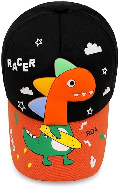 Comfortable Cartoon Dino Print Little Sports Cap for Active Kids, Baby Girls and Boys 3-12 Years (Black), Black, One Size