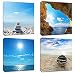 4Pcs 12x12 Canvas Wood Stretched Jetty Beach Blue Sea Ocean Sky Theme Pink Frame Landscape Abstract Modern Art For Home Room Office Wall Print Decor 12x12" inch (30x30cm)