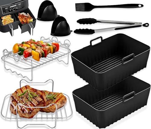 Timyca Heißluftfritteuse Zubehör Airfryer für Ninja Foodi Max Dual Zone AF400EU AF300EU 7.6L-9.5L, Silikonform + Edelstahl Grillrost Set, BPA-frei Spülmaschinenfest–kompatibel mit Ninja Cosori uvm.