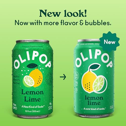 Image of OLIPOP Prebiotic Soda Pop, Lemon Lime, Pantry Pack Packed with Prebiotics, Fiber, and Botanicals, Gluten Free, GMO Free, 12oz (12-Cans) (Packaging May Vary)