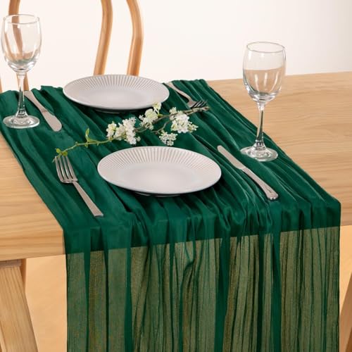 Image of MLMC Emerald Green Table Runner Boho Dark Green Cheesecloth Table Runner 10ft Sheer Gauze Cheese Cloth Decorations for Wedding Bridal Shower Home Party Decor
