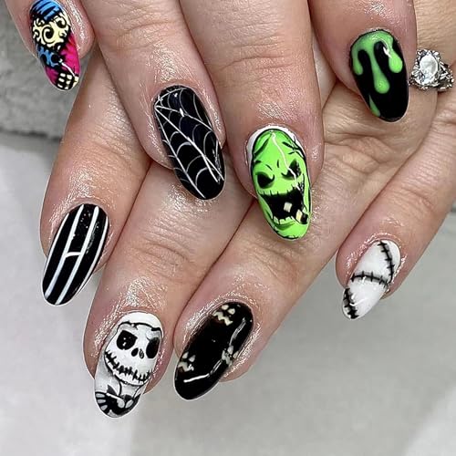 Halloween Press on Nails Short Almond Shaped Fake Nails with Bat Skull Spider Web Designs Press on Nails Short Black Full Cover Glue on Nails Halloween Stick on Nails Manicure for Girls 24 Pcs