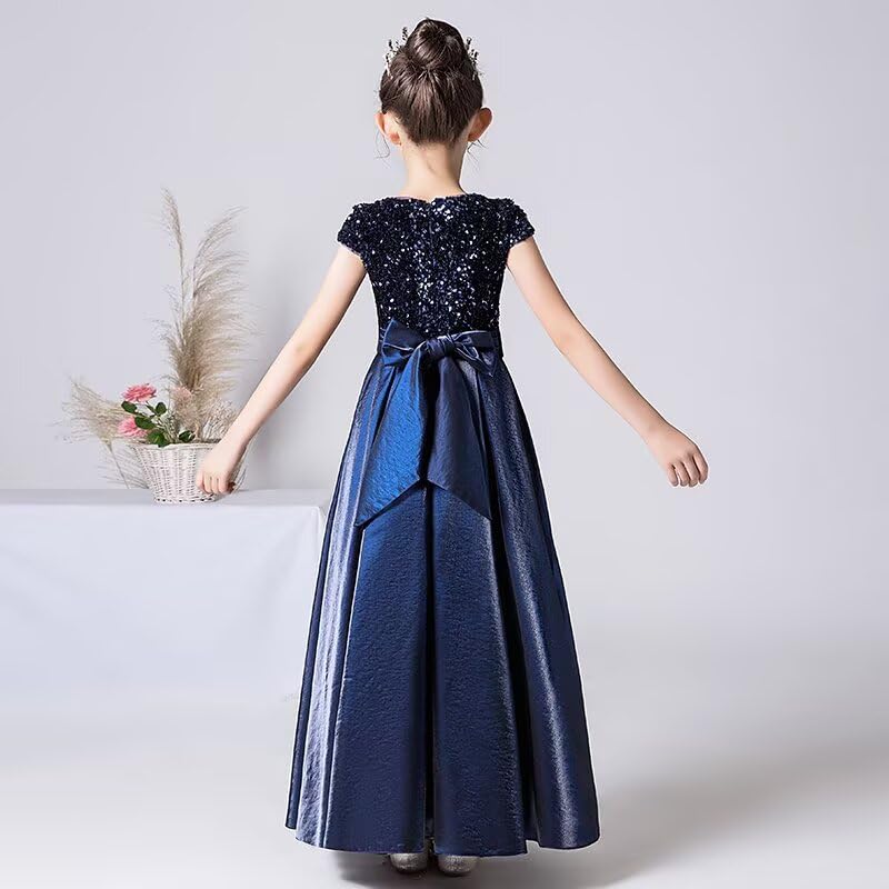 dideyttawl Girls Satin Sequins Party Dress Short Sleeves Long Formal Dress Big Bow Belt 503DX3
