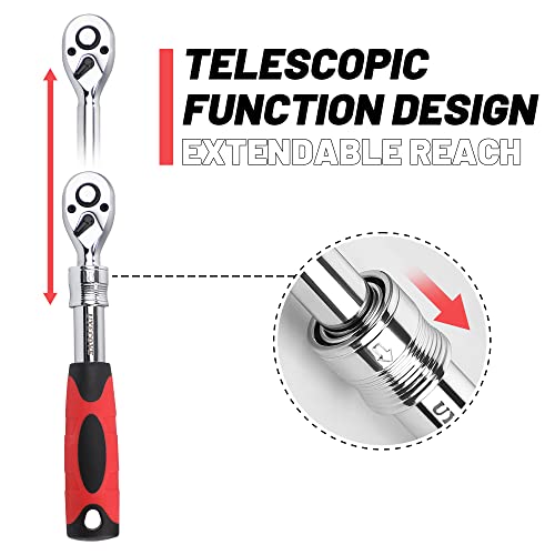 Uyecove 3/8 Inch Drive Extendable Ratchet, Durable Socket Wrench Long Handle Ratchet 72-Tooth Quick-Release Reversible, Soft Grip Handle Hand Tools - 8.6-12.7 Inch Lengths #TOP3