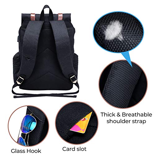 Modoker Vintage Rucksack Backpack for Women Men, Canvas Travel School Backpack Fits 15.6 Inch Laptop, Bookbag Black Fashion Daypack with USB Charging Port