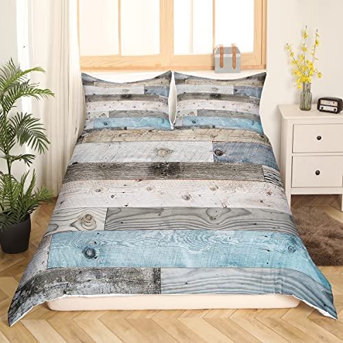 Splicing Wooden Stripes Duvet Cover Queen Size Western Farmhouse Style Comforter Cover With 2 Pillowcases For Teens Adults Blue Grey Old Barn Door Bedding Set 3 Pcs Decorative Bed Cover #TOP2