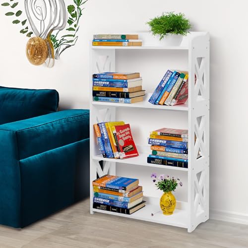 Image of White Bookcase by Natural Wood, 4 Tier Bookshelf, Small Book Shelves Freestanding Display Storage Shelves. Open Bookshelf for Bedroom, Living Room and Office (White, 4 Tier)