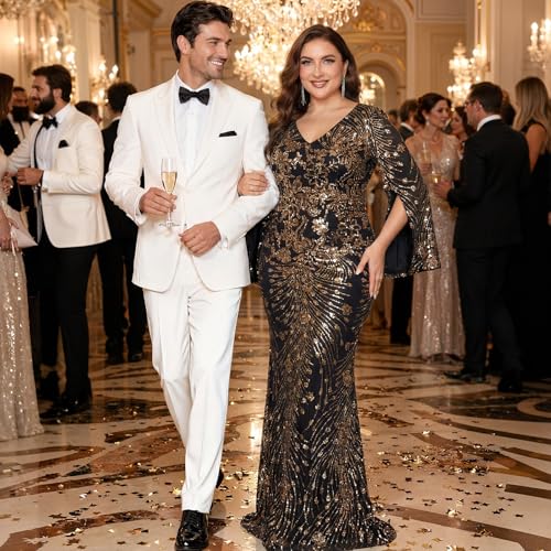 Image of Plus Size Formal Dresses for Women with Embroidery Sequin and Cape Sleeve, V-Neck Maxi Dress for Wedding and Party