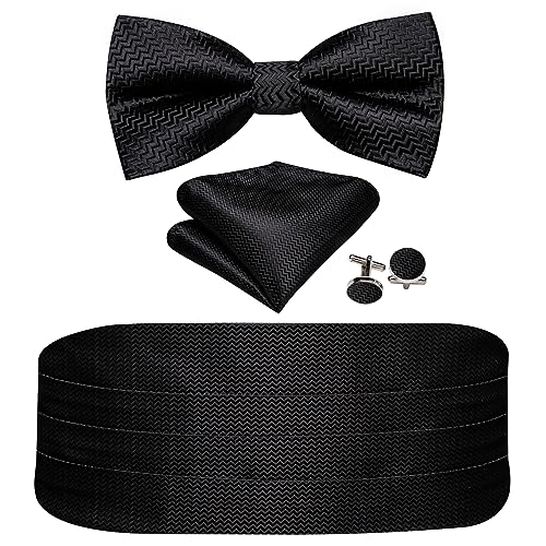 Image of Barry.Wang Men Silk Paisley Cummerbund and Pre-tied Bowtie Handkerchief Cufflink Set for Tuxedo