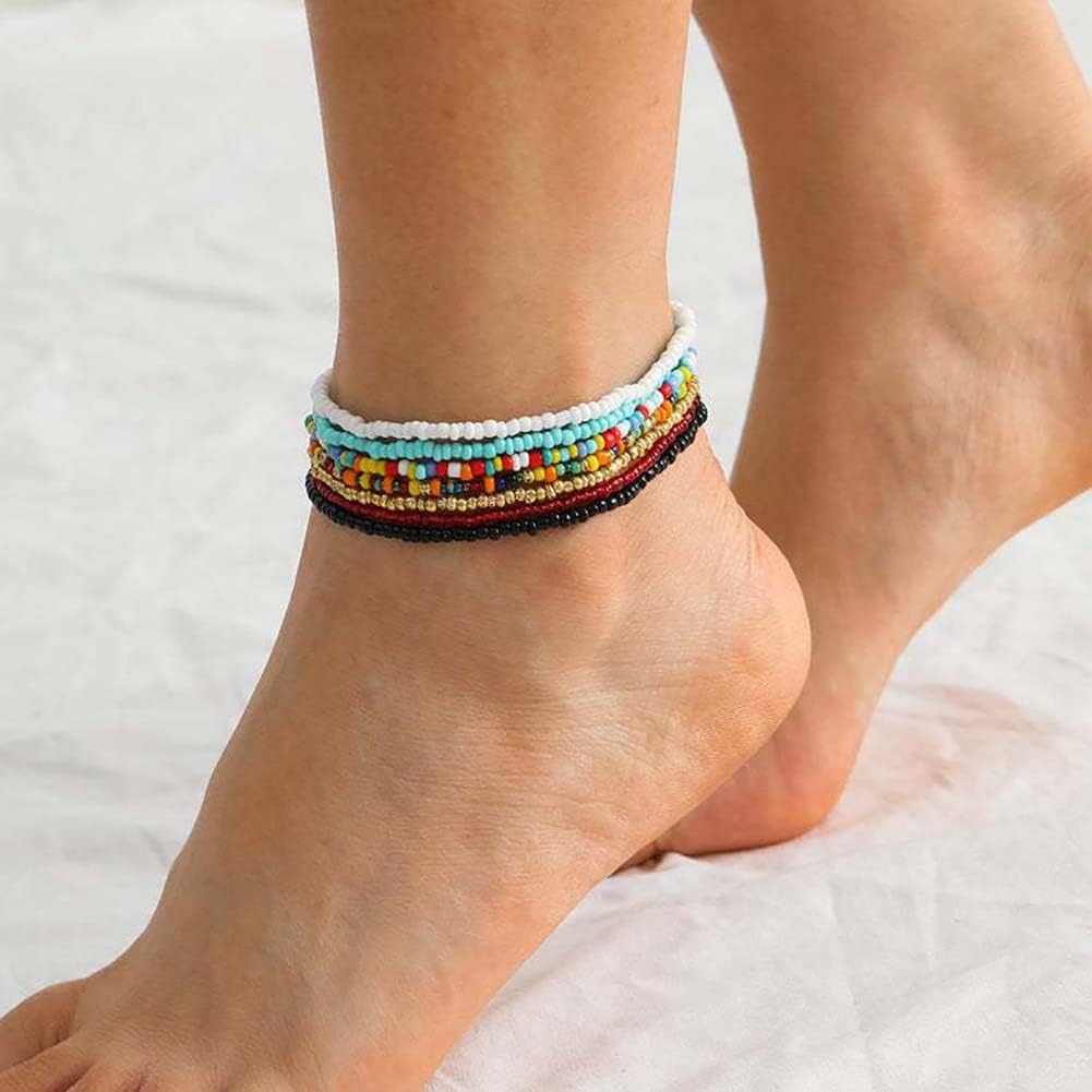 Wedity 7 Pcs Boho Elastic Anklets Multilayer Color Rice Beads Handmade Bead Anklet Bracelets Summer Accessories Beach Foot Jewelry for Women and Girls