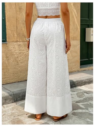 MakeMeChic Women's Boho Eyelet Embroidery Wide Leg Palazzo Pants High Waist Baggy Trousers3