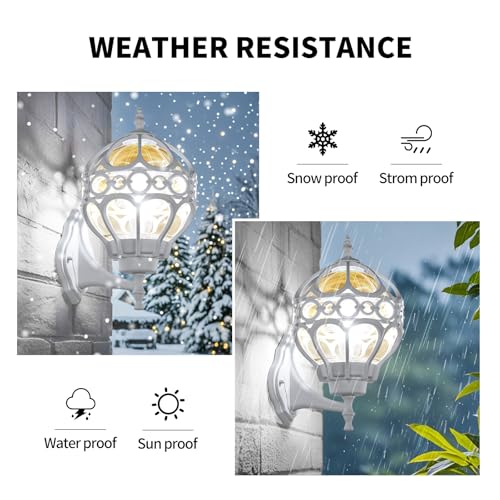 Globe Outdoor Wall Lights for Porch Patio Garage, White Aluminum Outdoor Light Fixtures Wall Mount, Sphere Waterproof Outside Wall Sconces Exterior House Lantern Lighting with Amber Glass