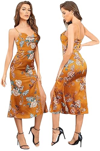 Image of Tsher Women's Sleeveless Spaghetti Strap Satin Wedding Guest Party Dress Cowl Neck Backless Midi Formal Dresses