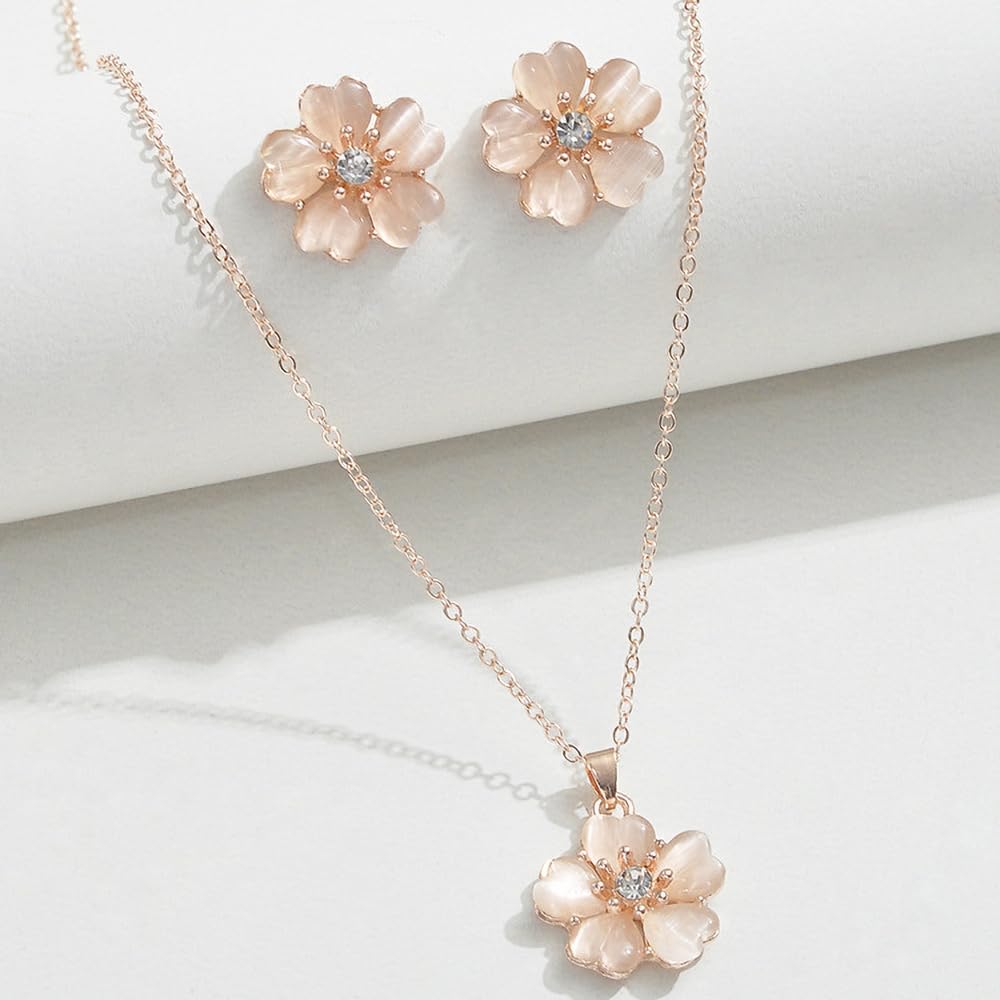 Parure bijoux Sakura délicate collier & boucles d'oreilles cristal œil de chat 4 feuilles & boucles tige trèfle 4 feuilles - Fleur cerisier rose