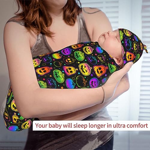 Image of Neon Pumpkin Newborn Swaddle Blanket with Hat Sets Newborn Receiving Blanket for Boy Girl Swaddle Sack Shower Infant Gift
