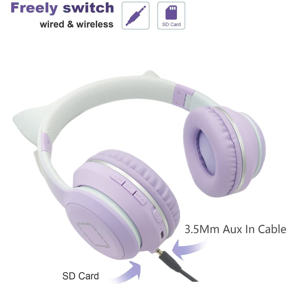 Cuffie Bluetooth cartone animato,con orecchie da gatto con luce a LED,slot per schede SD,jack audio da 3,5 mm,cuffie sovraurali pieghevoli,senza fili e cablate,per bambini,bambine (viola)