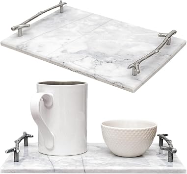 Real Natural Marble Serving Tray with Silver Handles 12"x8" Marble Decorative Tray for Snacks, Drinks, Vanity, or Coffee Table Decor by Museo