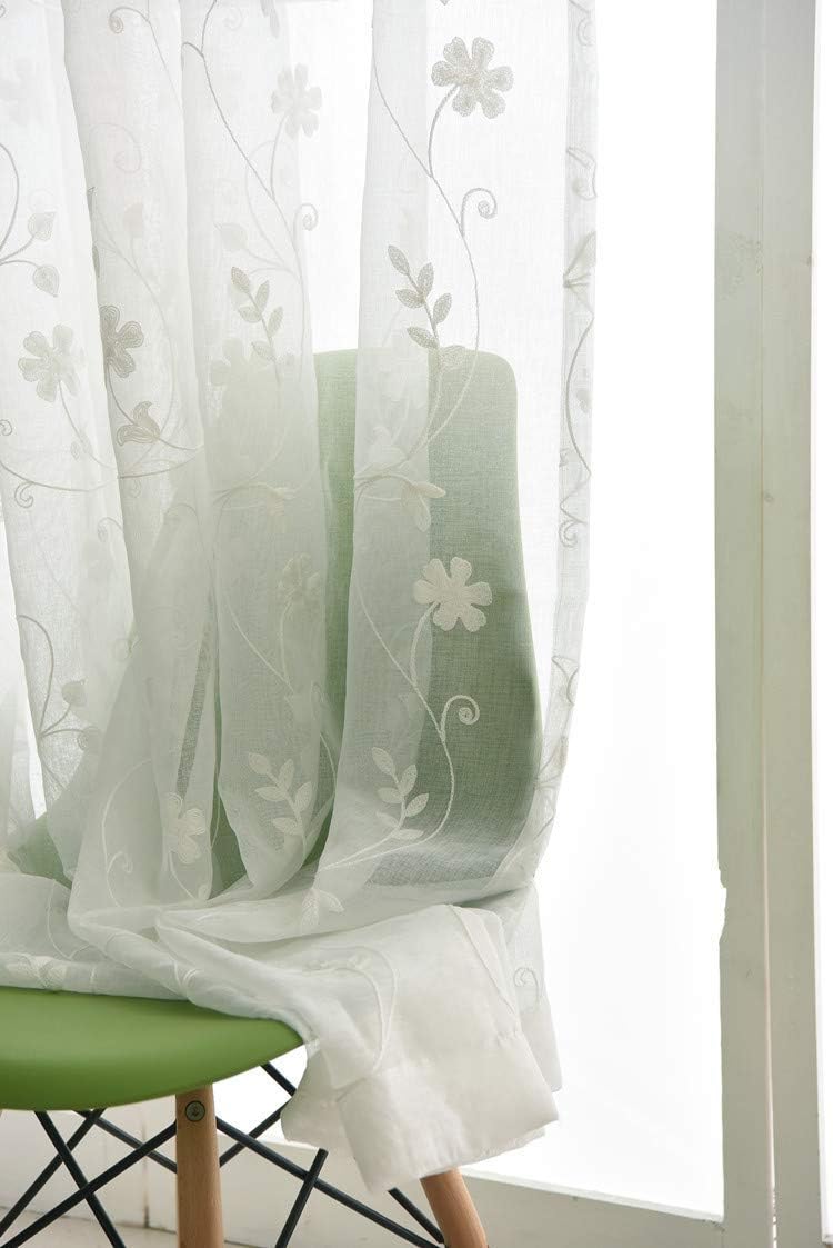 HooHero White New Simple White Linen Embroidery Sheer Curtains Window Treamtents Rod Pocket Top Style Voile Gauze for Living Room Bedroom Balcony