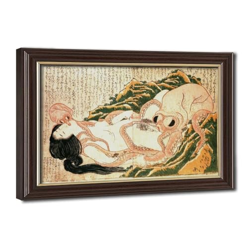 Impressions sur toile Hokusai 1814, œuvre d'art japonaise avec cadre suspendu en bois