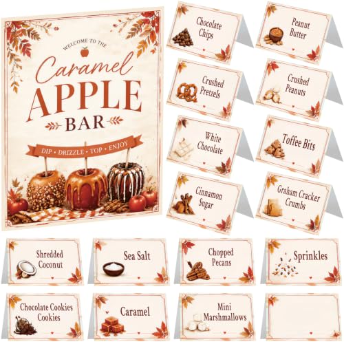 Image of Marspark 14 Pcs Caramel Apple Dipping Bar Station Decorating Set for DIY Candy Apple Corners Fall Dessert Table Sign with Stand and Cards for Fall Autumn Thanksgiving Table Decorations (Autumn Color)
