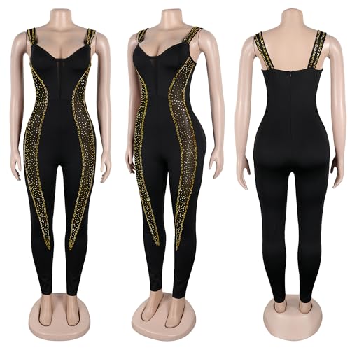 Image of Jigfar Women Sexy Elegant Rhinestone Mesh See Through V Neck Bodycon Jumpsuit Party Club Night Outfits Playsuits(FK3260,Gold,M)