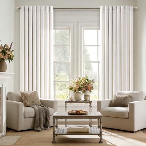 Image of 84 Inch Length 2 Panels Set Off White Linen Curtains Semi Sheer | Ivory Cream Colored, Light Filtering, Grommet Drapes, Thick Linen, Privacy, Non-See-Through, Living Room, 52x84