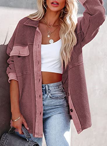 Farysays Womens Oversized Waffle Knit Shacket Long Sleeve Button Down Shirts Cute Boyfriend Tops For Teen Girls Dusty Pink Small #TOP3