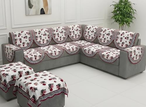 Image of Fab Nation Sofa Cover L Shape 7 Seater with Corner L Type Fully Covered Sofa Set for Living Room | Cotton Sofa Slipcovers for 4 + 3 Seaters Cover with 2 Arms + 2 Setty Covers | Garden Pink