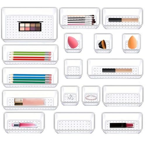 Lot de 17 Organisateurs de Tiroirs en Transparent, Rangement Tiroir en plastique avec 4 tailles, Organisateur de Bureau Tiroir Antidérapant, Organiseur de Maquillage pour Salle de bain, Cosmétiques