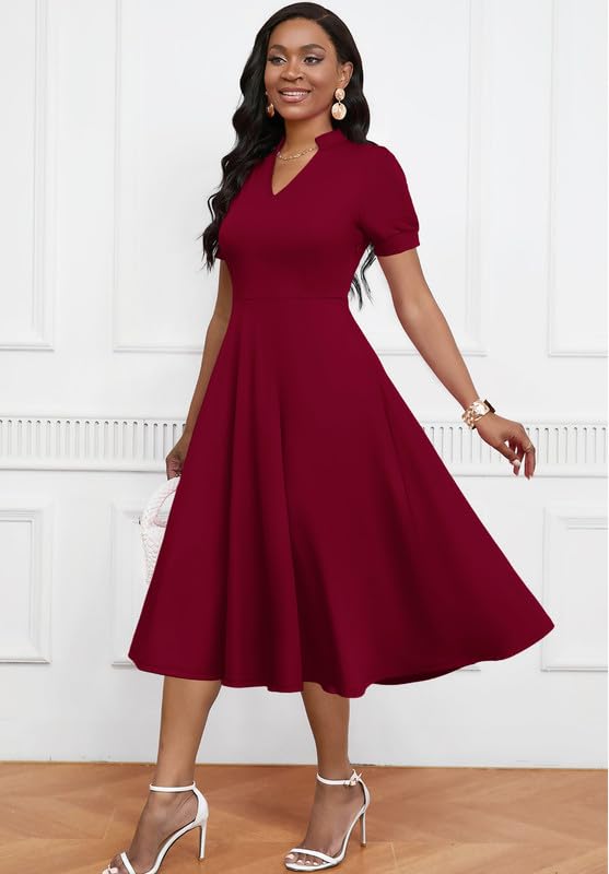 MarryUP Vestido acampanado de manga corta abombada con cuello en V para mujer, estilo casual, semiformal, para fiesta de cóctel