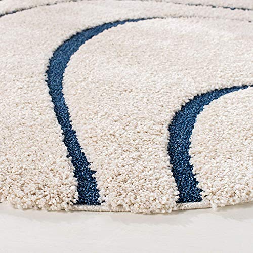 Image of Geometric Wave Round Shaggy Carpet for Living Room, Bedroom, High Low Design Finish Microfiber 1.8 Inch Pile High, 6x6 Feet Ivory|Blue Color
