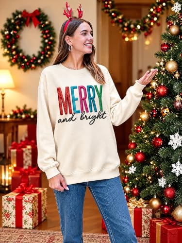 HOTHYPOP Christmas Sweatshirts For Women Crewneck Embroidered Tops Apricot - image 5