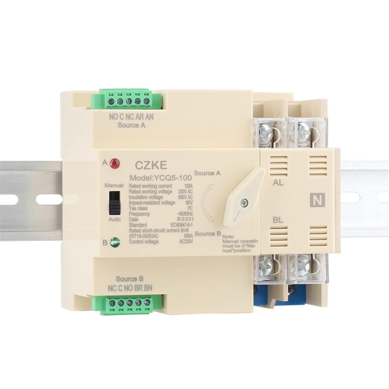 YCQ5-100 2P Automatic Transfer Switch Din Rail 50/60Hz 63A/100A AC 220V ATS PV System Power to City Power(100A)