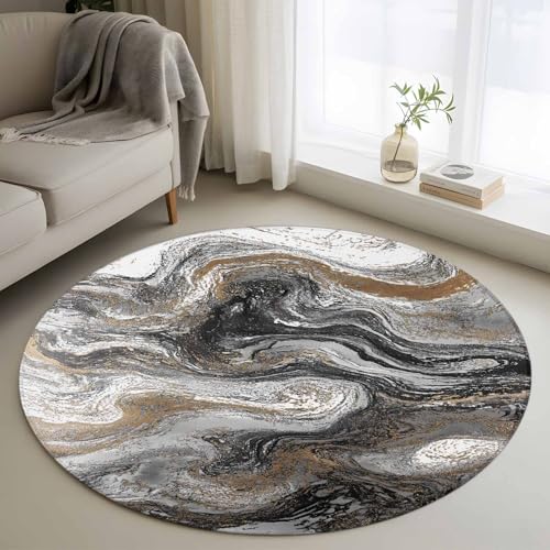 3ft Round Rug,Abstract Brown Gray Marble Washable Area Rugs Non-Slip