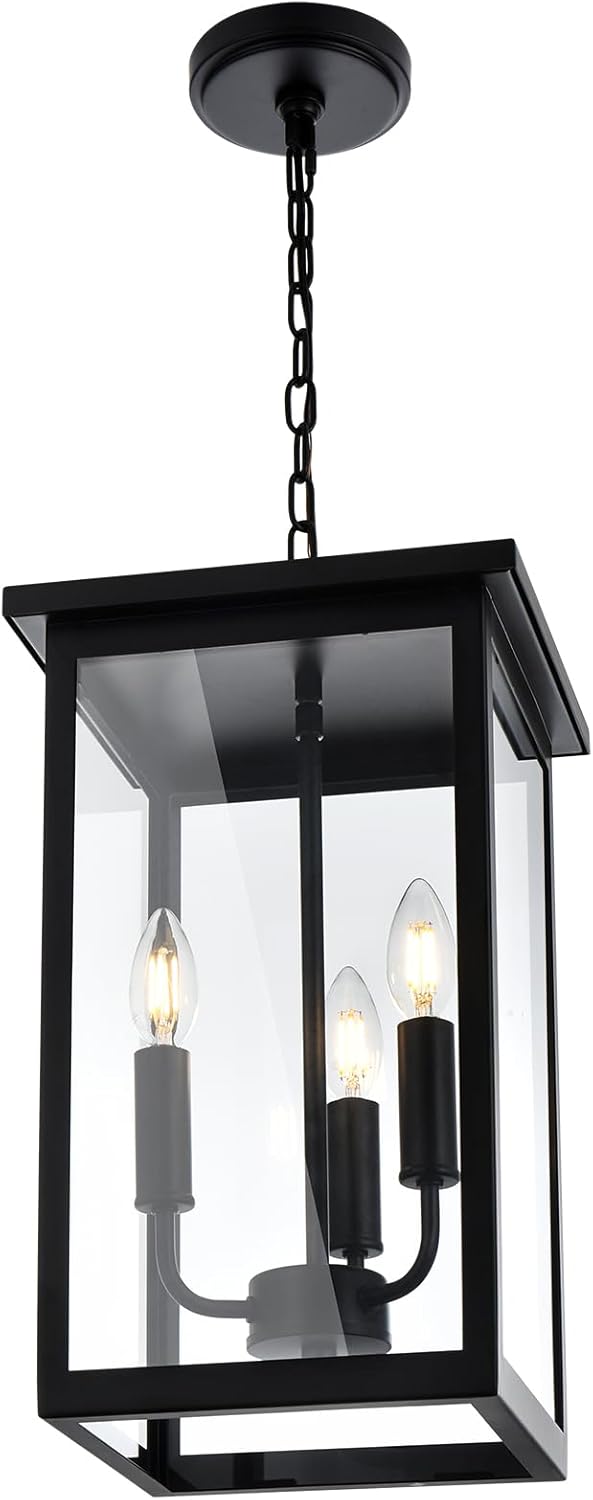 3 Lights Indoor Pendant Light Black Outdoor Chandelier Exterior Hanging Fixture Ceiling Mount with Clear Glass Shade Hanging Lantern Light Adjustable Pendant Light for Outdoor Hallway